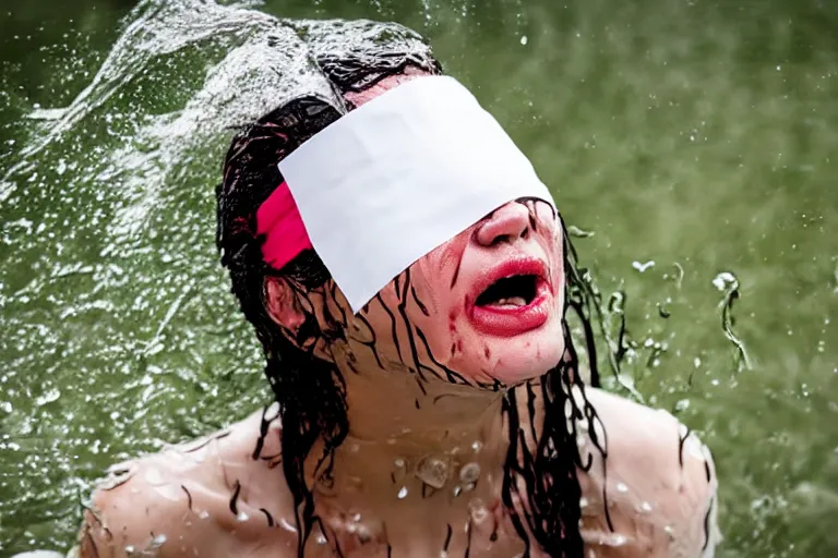 Prompt: woman with blindfold and wet face and hair