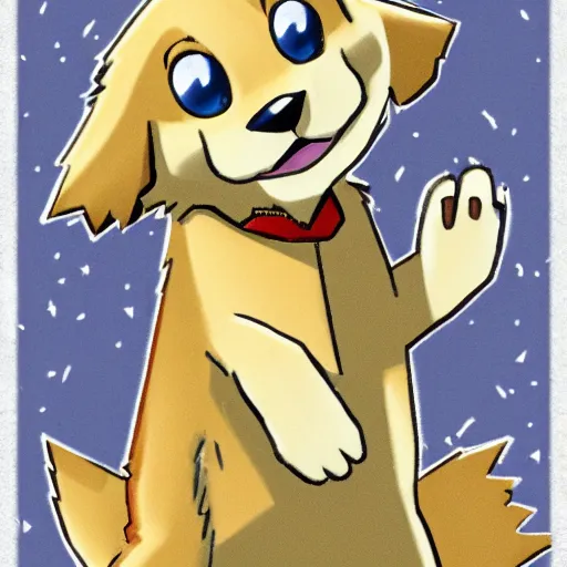 Image similar to golden retriever high fiving 3 gray and white cats in pokemon art style