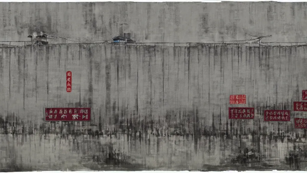 Image similar to a chinese prison near a river by peter doig, muted grey colors, overlaid with chinese adverts