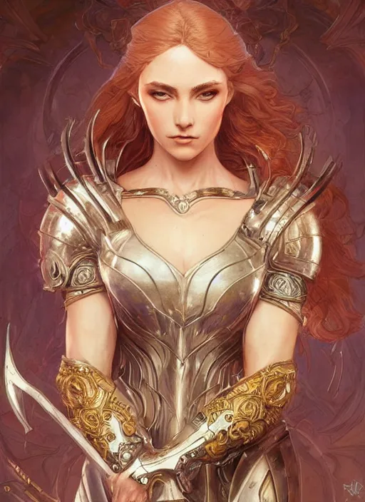 Prompt: Muscular and powerful medieval knight woman portrait, art nouveau, fantasy, intricate flower designs, elegant, highly detailed, sharp focus, art by Artgerm and Greg Rutkowski