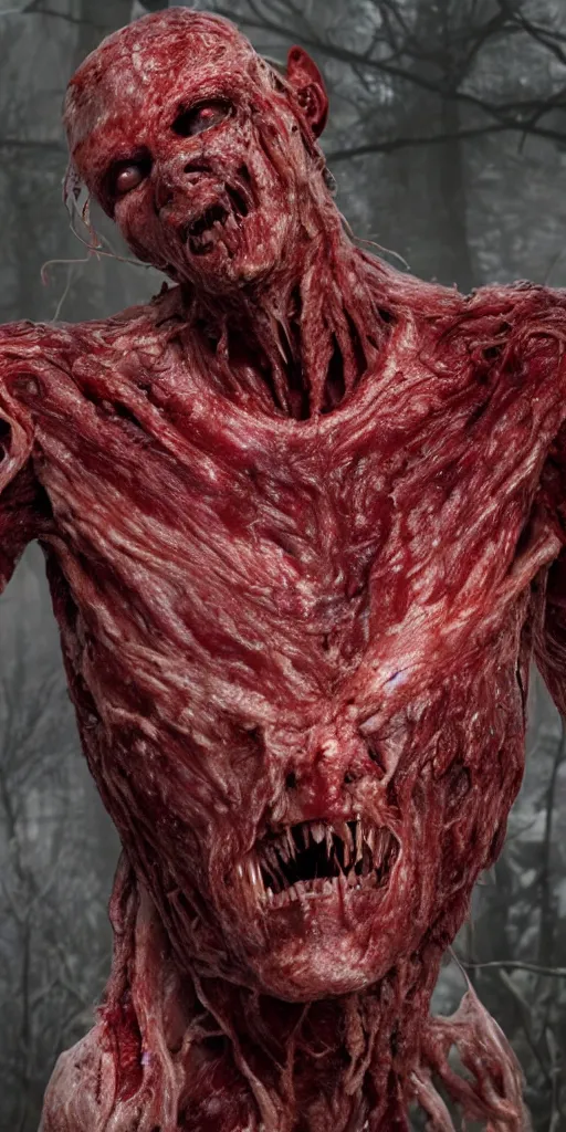 Prompt: photorealistic ultra detailed humanoid creature made of decomposed bloody flesh flesh, the woods, night, extremly detailed, 8 k, realistic, sharp focus, cosmic horror creature, cosmic horror, from the movie the thing, mysterious creature, bloody eyes