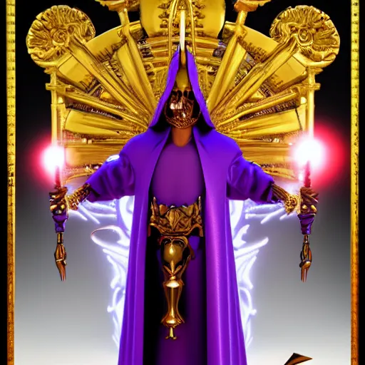 Image similar to a skeleton in a large wide purple robe, golden magical shoulder pads, in a hood, a red magic sphere in his chest, he holds a golden magic staff in his hands, stands next to a golden throne, realism, game quality, 3d render, proportions