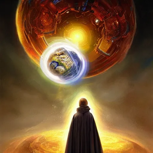 Image similar to the creator of worlds wearing a cloak and holding a holographic planet projection in his hand, detailed, sci - fi, digital painting, artstation, sharp focus, illustration, ominous, artgerm, tomasz alen kopera, peter mohrbacher, donato giancola, joseph christian leyendecker, wlop, frank frazetta