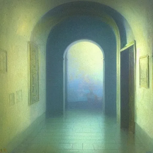 Image similar to A highly detailed hallway liminal space by Ivan Aivazovsky and Nicholas Roerich, impressionistic brushwork, silent hill aesthetic