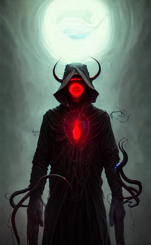 Image similar to a striking portrait of a pitch black masked eldritch shaman with sinister red eyes by moebius and ross tran and artgerm, detailed artwork, realism, 4 k resolution, detailed, high quality, sharp focus, hq artwork, insane detail, volumetric lighting, character concept art, fine details, tarot card, clear subject