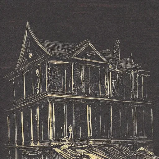 Prompt: ghost in a haunted house woodcut print by greg rutkowski