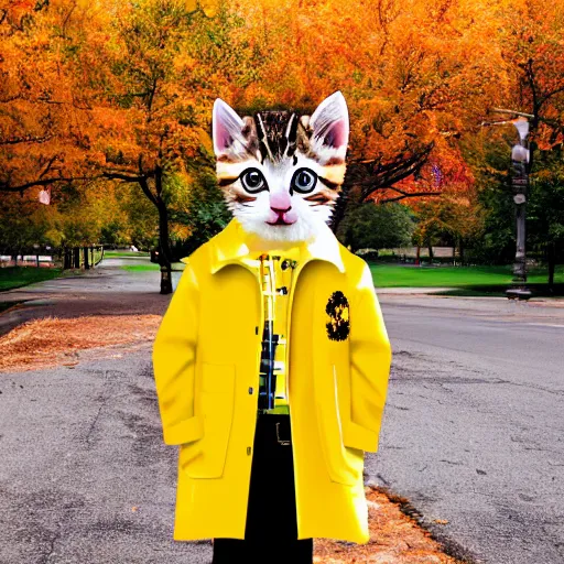 Image similar to anthropomorphic cute kitten wearing a yellow raincoat and yellow boots getting on the school bus on the first day of kindergarten, with colorful fall leaves and light rain, by Wes Anderson