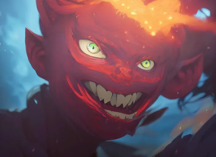 Image similar to highly detailed portrait of a demon, in my hero academia, stephen bliss, 8 k, unreal engine, fantasy art by greg rutkowski, loish, rhads, ferdinand knab, makoto shinkai and lois van baarle, ilya kuvshinov, rossdraws, tom bagshaw, global illumination, radiant light, detailed and intricate environment