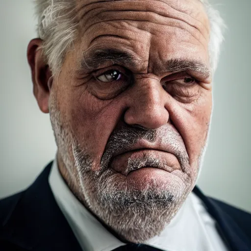 Image similar to photograph of old man wearing suit, sinister, dark circles under eyes, overweight, sagging skin, caucasian, hair becoming gray, sigma 85mm f/1.4, 4k, depth of field, high resolution, 4k, 8k, hd, full color