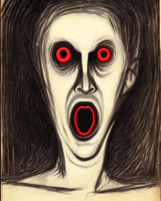 Image similar to scary portrait of a young female with glowing eyes, similar to the scream drawing by Edvard Munch