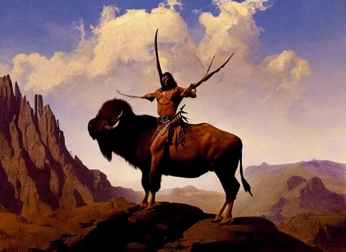 Image similar to willem dafoe as a native american riding bison, buffalo, native american warrior, mountain range, beautiful sky, standing on the edge of a cliff, 1 9 th century, painted by frazetta