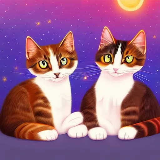 Image similar to two cute multi - colored calico cats with beautiful eyes sleeping inside a cozy home in the evening, stars shining in the night sky through the window,, artstation, cgsociety, storybook art