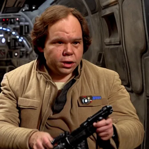 Image similar to Frank Reynolds as Han Solo in star wars, still, high quality