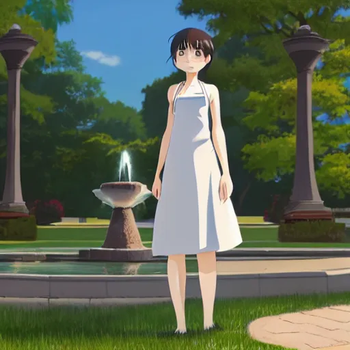 Prompt: a full body portrait of a young woman wearing a white apron standing in front of a fountain in a park, makoto shinkai, james gilleard, very detailed, matte, gaussian blur, tone mapped William-Adolphe