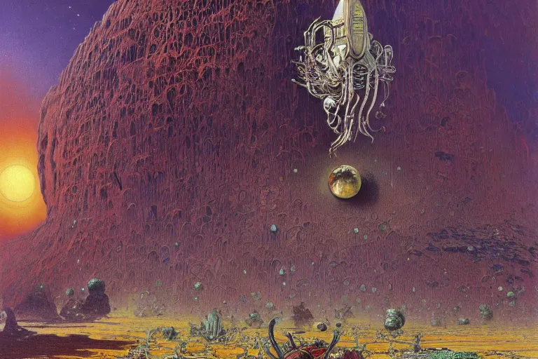 Image similar to oil painting, super - detailed scene of a planet that is also a giant insect, entomology, japanese sci - fi books art, artwork by jean giraud and zdzislaw beksinski and alphonse mucha and hr giger, hd, 4 k, high quality