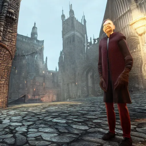 Image similar to Mister Rogers in Dark Souls III Anor Londo, photorealistic, volumetric lighting