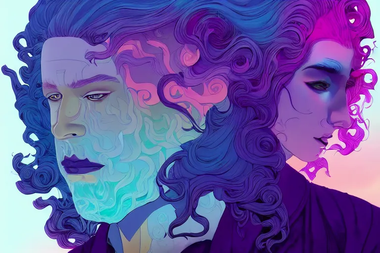 Image similar to cell shaded, muted vaporwave ombre. double exposure, druid of creativity, flowing hair, beautiful character fashion design, by josan gonzalez, shag, nagel, and paul lehr and david heskin and seb mckinnon and jared s. merantz and alex grey, hi - fructose, 8 k, digital matte painting