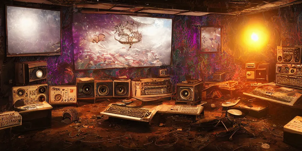 Image similar to A realistic painting of a vintage reel to reel computer, with psychedelic mushroom art on the screen, in a post apocalyptic recording studio, daytime, unreal 5, DAZ, hyperrealistic, octane render, RPG portrait, dynamic lighting,