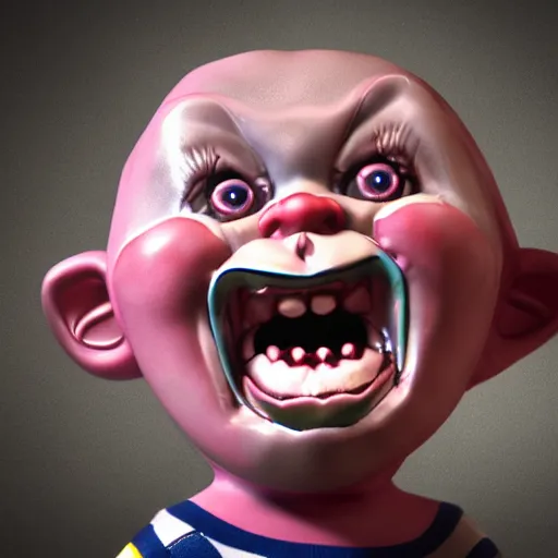 Image similar to screaming chucky doll balloons octane render