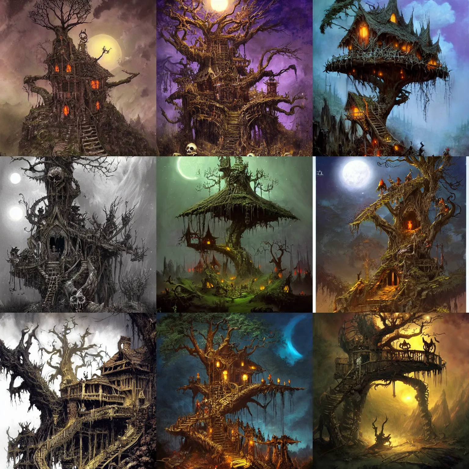 Prompt: an army of skeletons attacking a beautiful elven tree house at night, fantasy art, concept art, artstation, frank frazetta