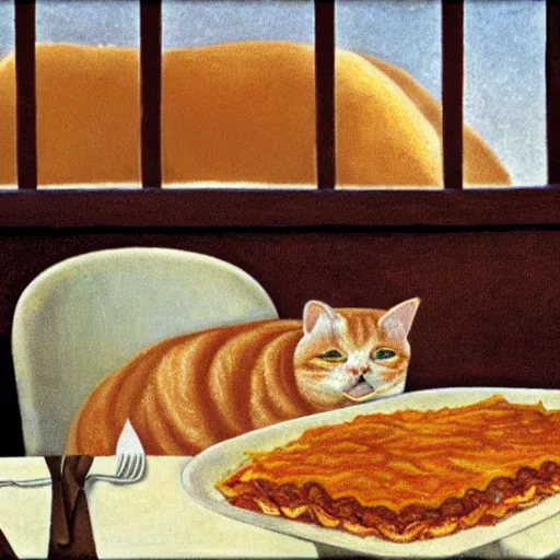 Prompt: fat orange tabby cat eating lasagna on a table, afternoon, by grant wood, neighborhood outside window