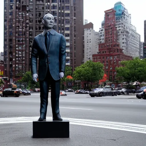 Image similar to a sculpture of putin standing in the middle of a street in new york city,