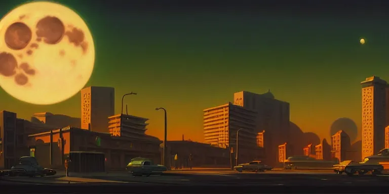 Prompt: an immaculate cinematic keyframe matte painting of a sleek 1 9 7 0 s vaporwave city at dusk with an oversized moon. by eric lafforgue, glennray tutor and edward hopper, greg rutkowski. trending on artstation.