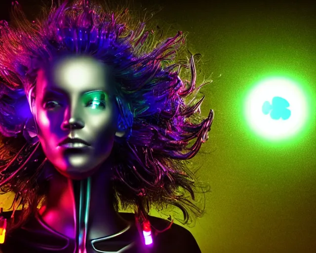 Image similar to glowing hair, complex cybernetic beings, beautiful hairy humanoids, cybermagnetosphere, cybernetic civilizations, ornate hair, love, joy, vortexes, large arrays, data holograms, 8 k, cinematic light shadows, wet hdr refractions, *, * * *, * * * * *