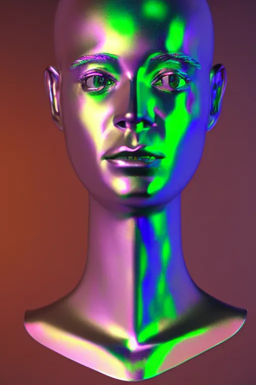 Image similar to 3d render of holographic human robotic bust made of glossy iridescent, bust, surrealistic 3d illustration of a human non-binary, non binary model, 3d model human, cryengine, made of holographic texture, holographic material, holographic rainbow, concept of cyborg and artificial intelligence