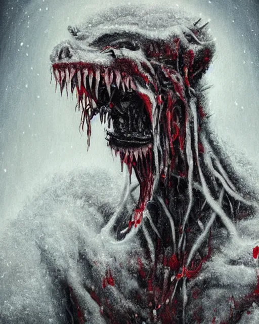 Image similar to Horrifying detailed painting of a pale, emaciated humanoid creature. It has sharp teeth and claws with pale milky eyes; snow, woods, blood; dark cinematic lighting, hyper detailed, moody