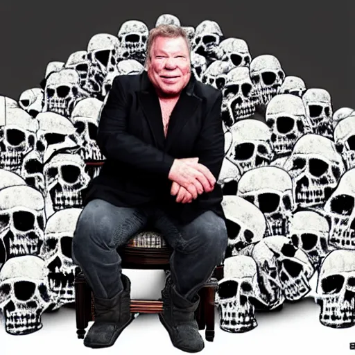 Prompt: William Shatner sitting on a throne made of human skulls