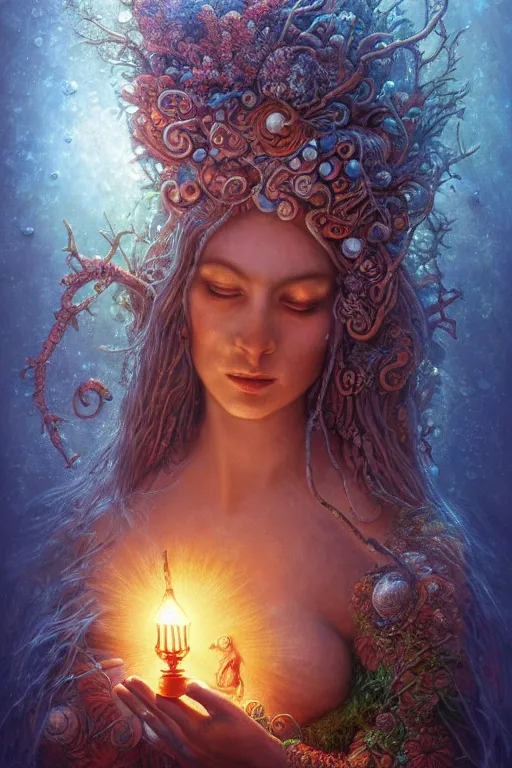 Prompt: a stunning ultra detailed underwater fantasy illustration of a goddess holding a glowing lamp, overgrown with colorful coral, by tomasz alen kopera, water bubbles, very detailed, deep depth of field, 5 0 mm lens, soft lighting, artstation, highly coherent, 8 k