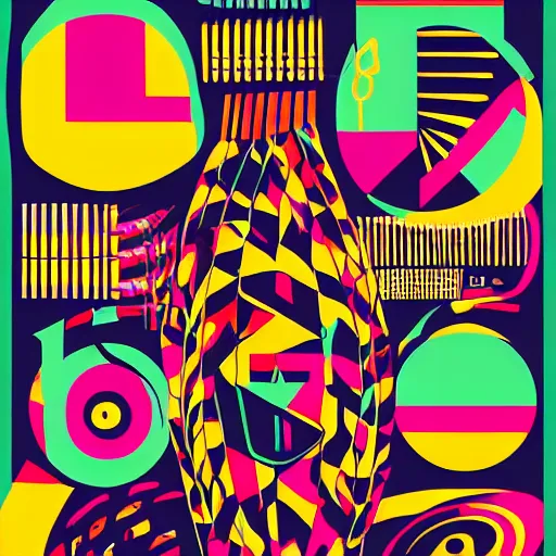 Image similar to beautiful cool graphic design setlist for pitchfork festival, illustration of instruments and stage bauhaus style shapes bright colors psychedelic stickers bold text design, set list of bands saturday and sunday