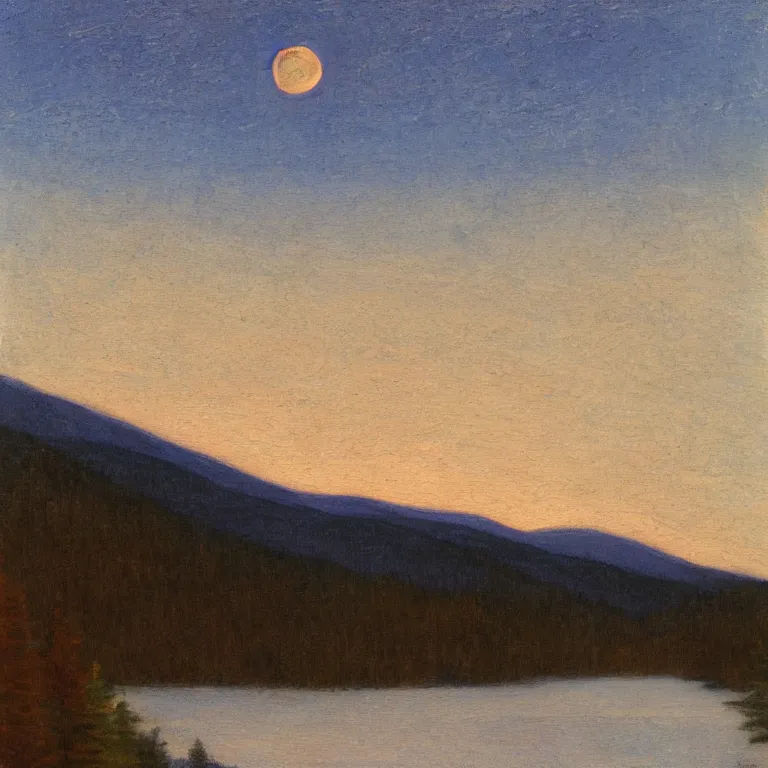 Prompt: new hampshire mountains, pale supermoon, clear sky, twilight, abbott handerson thayer, glaze oil painting, blue palette