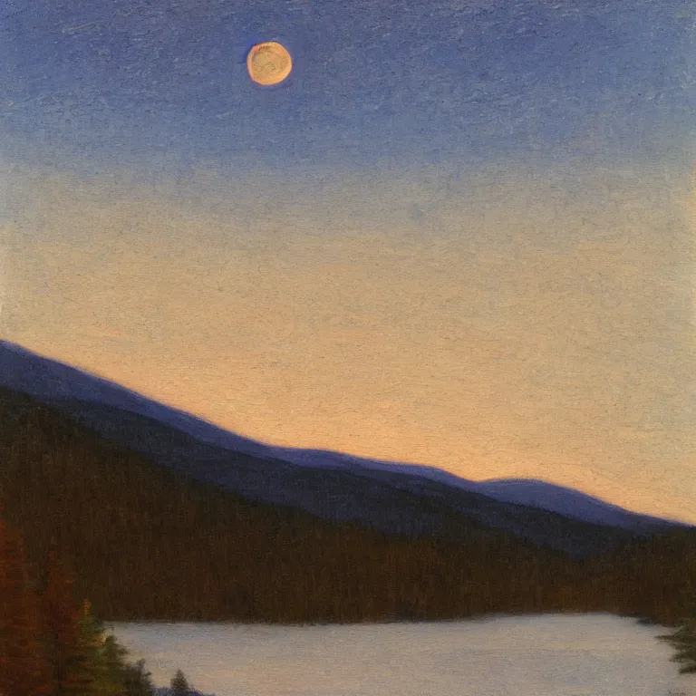 Image similar to new hampshire mountains, pale supermoon, clear sky, twilight, abbott handerson thayer, glaze oil painting, blue palette