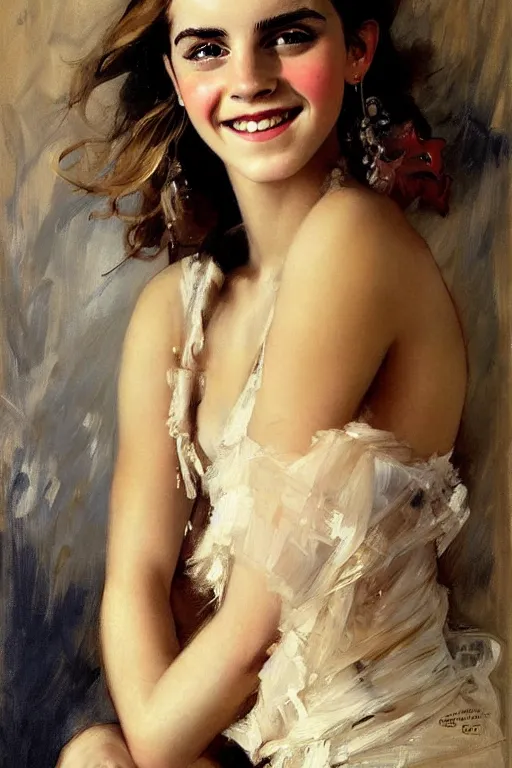 Image similar to smiling emma watson detailed portrait painting by gaston bussiere craig mullins j. c. leyendecker richard avedon