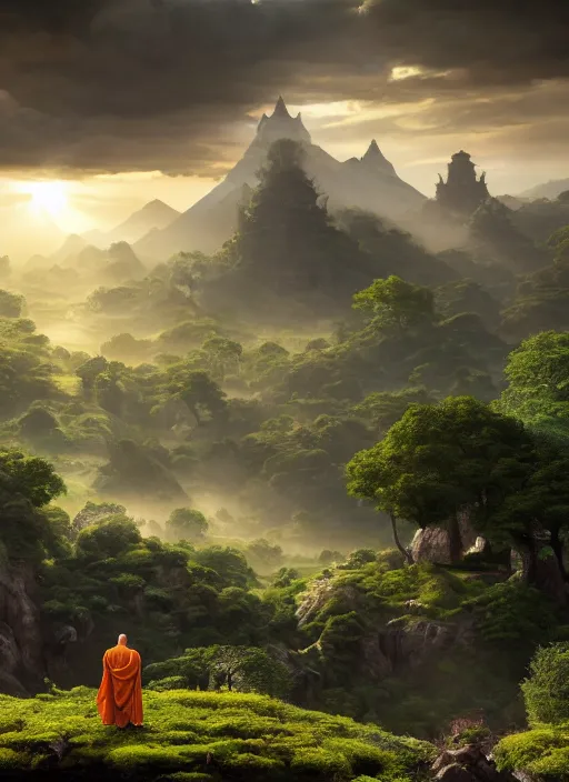 Image similar to a cosmic monk in lord of the rings scenery landscape, looking out at a vast lush valley at sunrise, huge ancient chinese temple in the distance, god's rays, highly detailed, vivid color, cinematic lighting, perfect composition, 8 k, gustave dore, derek zabrocki, greg rutkowski, belsinski, octane render