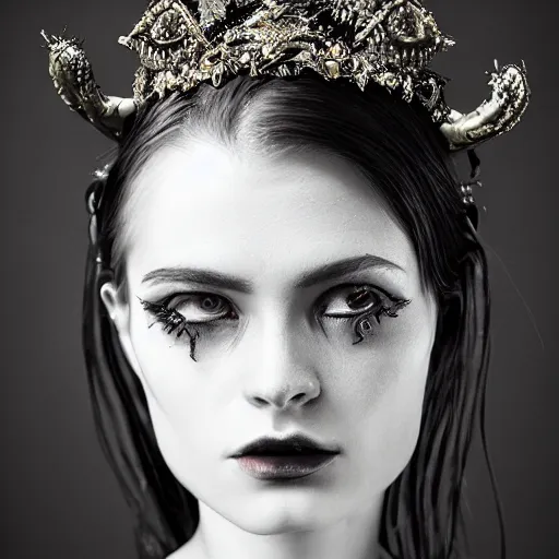 Prompt: a portrait of female model by stefan geselle, photorealistic, intricate details, hyper realistic, dark fantasy, ornate headpiece, dark beauty, photorealistic, canon r 3, photography, wide shot, photography, dark beauty