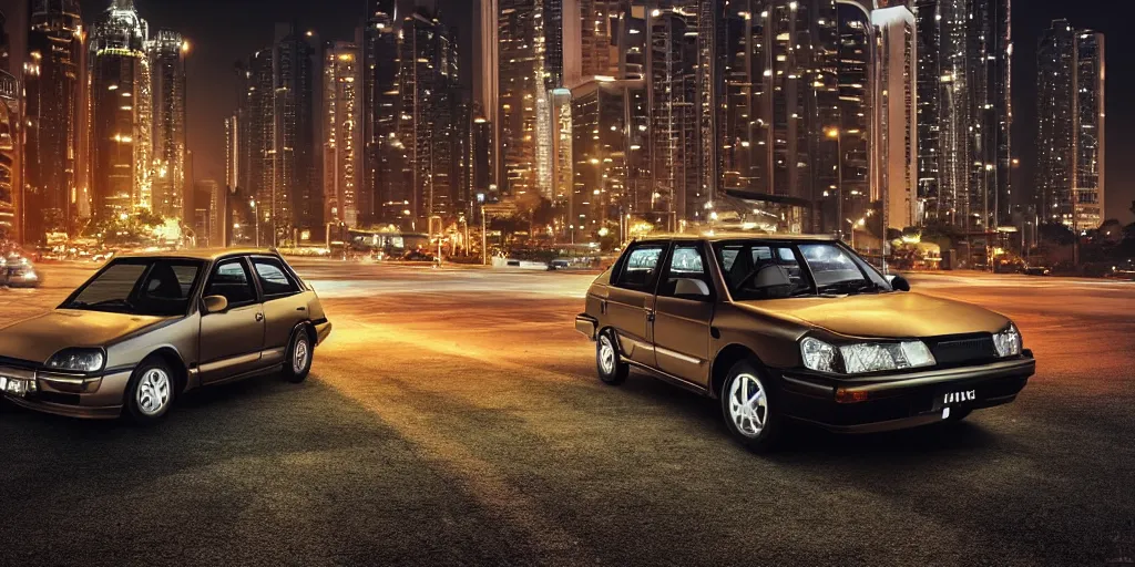 Image similar to proton saga in the middle of a malaysia city at night, gold black color, unreal 5, hyperrealistic, realistic, photorealistic, dynamic lighting, highly detailed, cinematic landscape, studio landscape, studio lighting