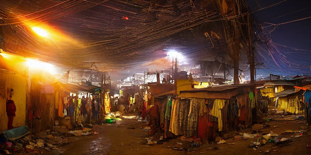 Image similar to AJEGUNLE SLUMS of Lagos surrounding large UFO within NEON rays of light, photographed by Martha Cooper, wide angle, Gold hour light,