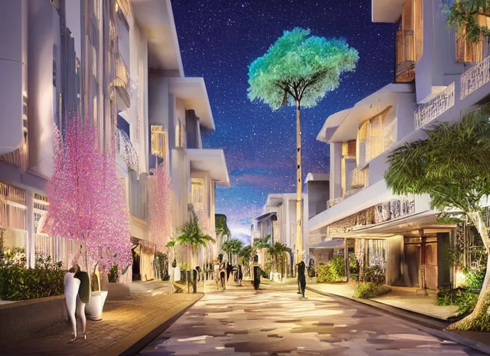 Prompt: futuristic luxurious street with Singaporean lush onsen with royal white and pink and white and luxurious gold colors, advanced civilization, high-end onsen, at the Sea Of Stars of Vaadhoo Island Maldives, Bioluminescent sea plankton that shines bright blue during the night makes the sea area, glowing water, intricate, elegant, luxurious, digital painting, concept art, smooth, sharp focus, from Star Trek 2021, illustration, by WLOP and Ruan Jia and Mandy Jurgens and William-Adolphe Bouguereau, Artgerm