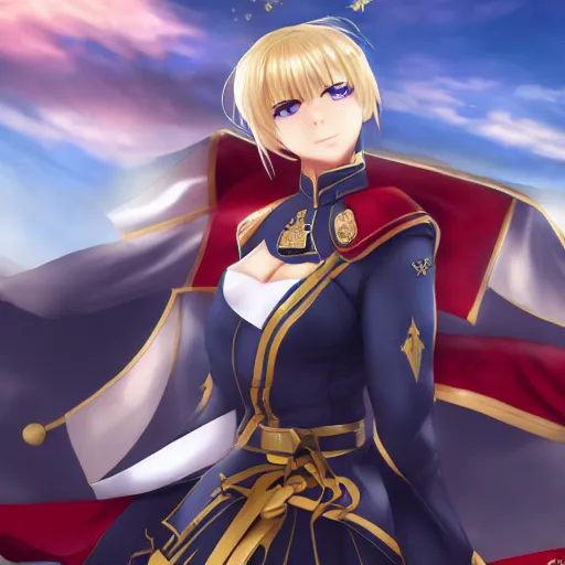 Image similar to full body portrait of saber from fate / stay night as a dictator in full military uniform with way too many medals, highly detailed, trending on artstation, 4 k, drawn by wpl