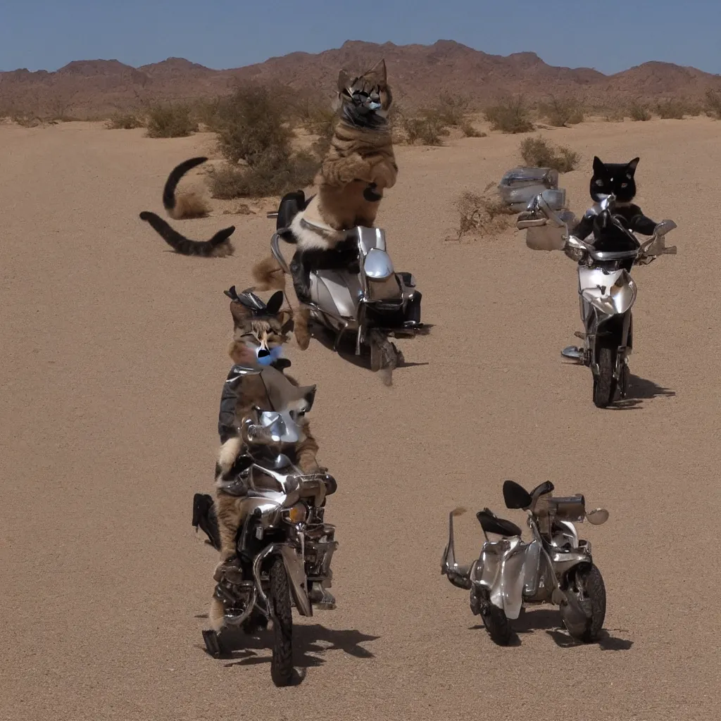 Image similar to an image of a cat riding a motercycle through the desert