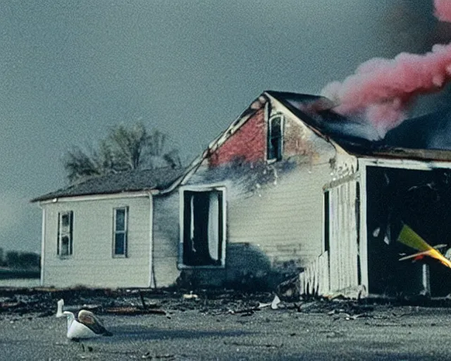 Prompt: a movie still from 'A Goose Set my House on Fire', 40mm tape, technicolour film, goose in foreground!!!!, housefire!, letterboxing, widescreen