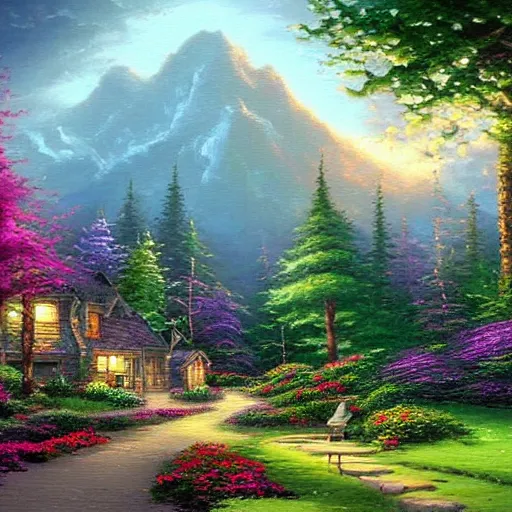 Prompt: A fusion painting of Bob Ross and Thomas Kinkade with the most beautiful house you've ever seen