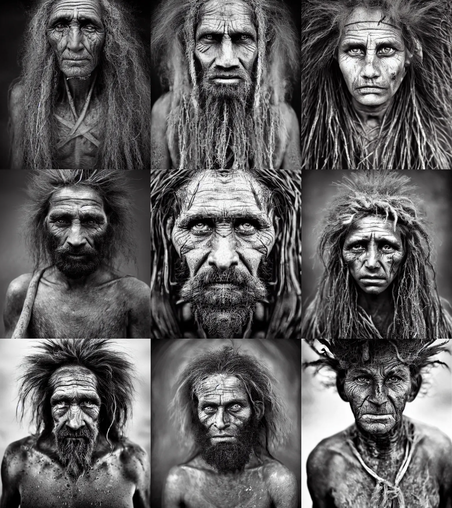 Prompt: Award winning reportage photo of prehistoric Cavepersons with incredible hair and beautiful hyper-detailed eyes wearing traditional garb by Lee Jeffries, 85mm ND 5, perfect lighting, gelatin silver process