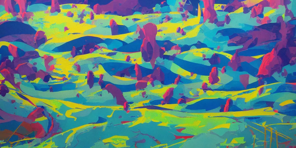 Prompt: partly abstract landscape painting at noon by james jean and David Schnell painted in no mans sky style