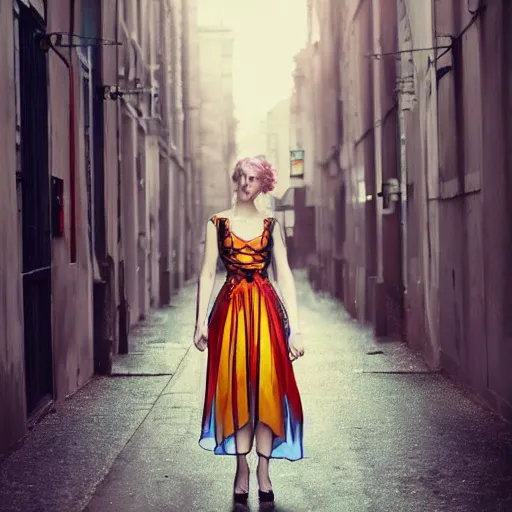 Prompt: beautiful woman wearing stained glass dress, dusk on a city street, in the style of Anna Dittman, fashion photography,