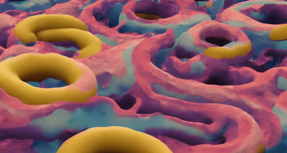 Image similar to storybook imagery. landscape photography of a turbulent donut ocean that is made up of a sea of giant cream glazed sprinkle covered donuts. claymation. diorama. digital art. colorful. render. 4 k. 8 k. trending. wallpaper.