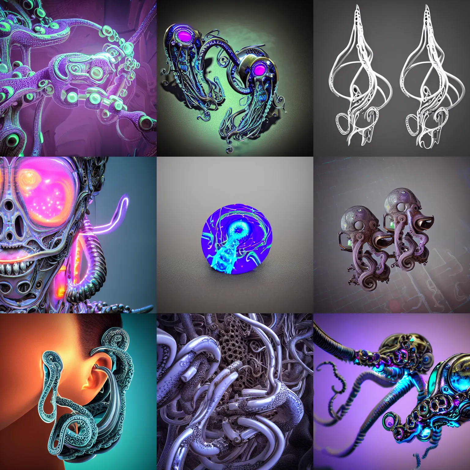 Prompt: biomechanical earrings highly detailed tentacles cosmic horror, abstract, ghostly, arcade, duotone, poltergeist, epic lighting, intricate, elegant, highly detailed, smooth, sharp focus, photo real, ultra realistic, unreal engine 5, raytracing, in the style of beeple and mike winkelmann, ultraviolet colors,